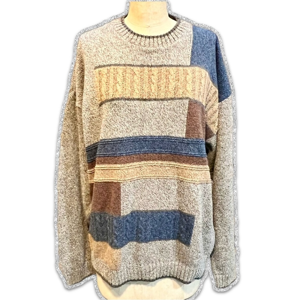 VINTAGE 90s cable knit color block sweater marled neutral earthy woodsy outdoor